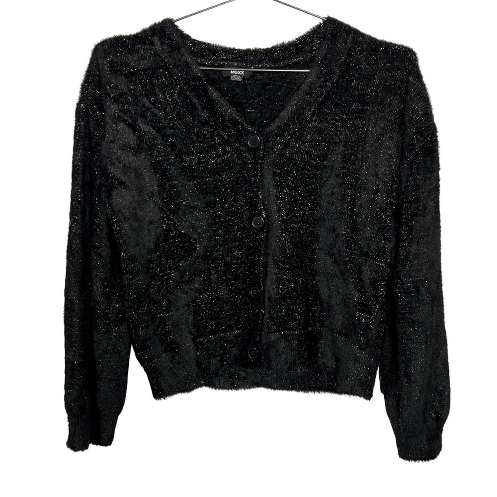 Mexx Black Silver Tinsel Fuzzy Cardigan Sweater XS‎ V-Neck Button Front